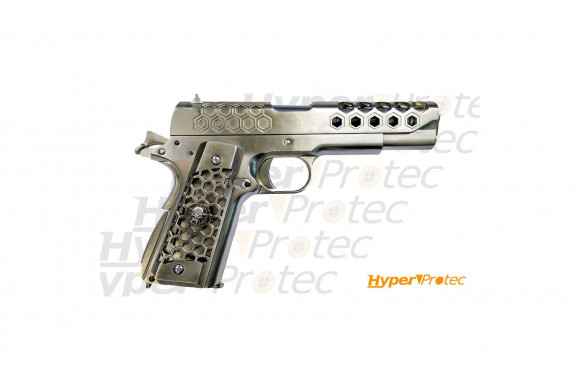 Réplique WE airsoft pistolet 1911 custom GBB Hex cut chromé 0.9J