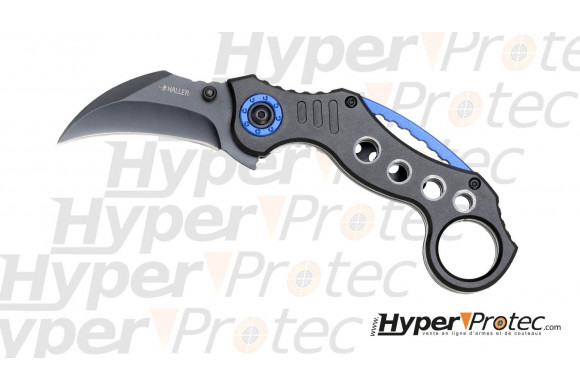 Couteau pliant Karambit noir et bleu avec ouverture assistée