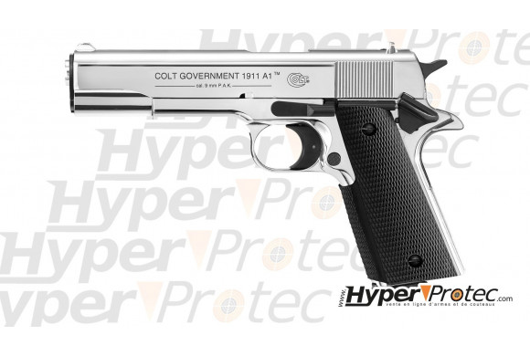 Pistolet Colt 1911 A1 Chromé brillant 9 mm alarme