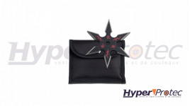 Un shuriken à 6 branche noir avec logo rouge