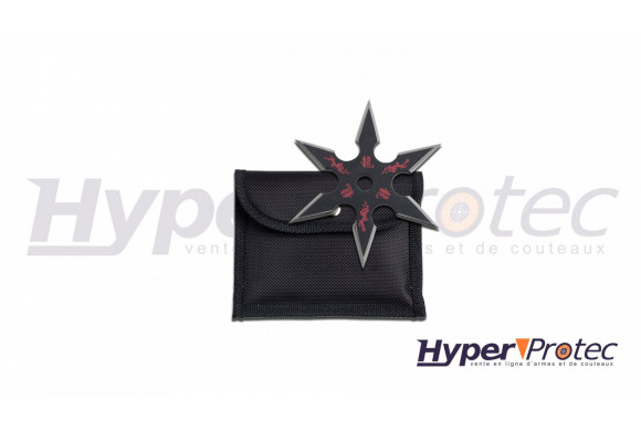 Un shuriken à 6 branche noir avec logo rouge