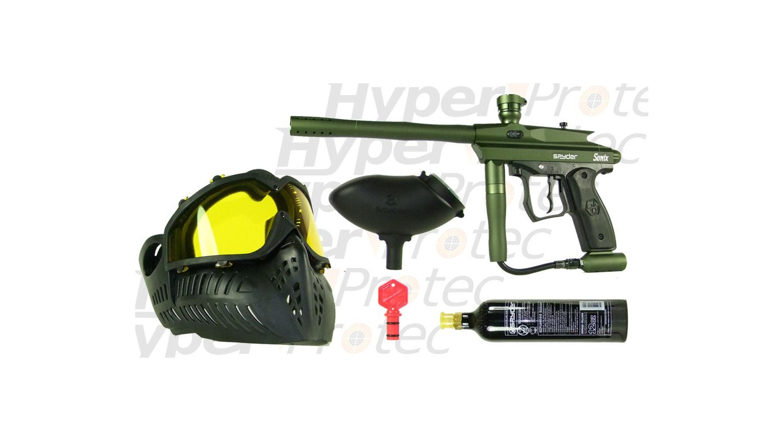 Pack Paintball Lanceur Sonix Spyder vert mat avec masque et bouteille 12 oz