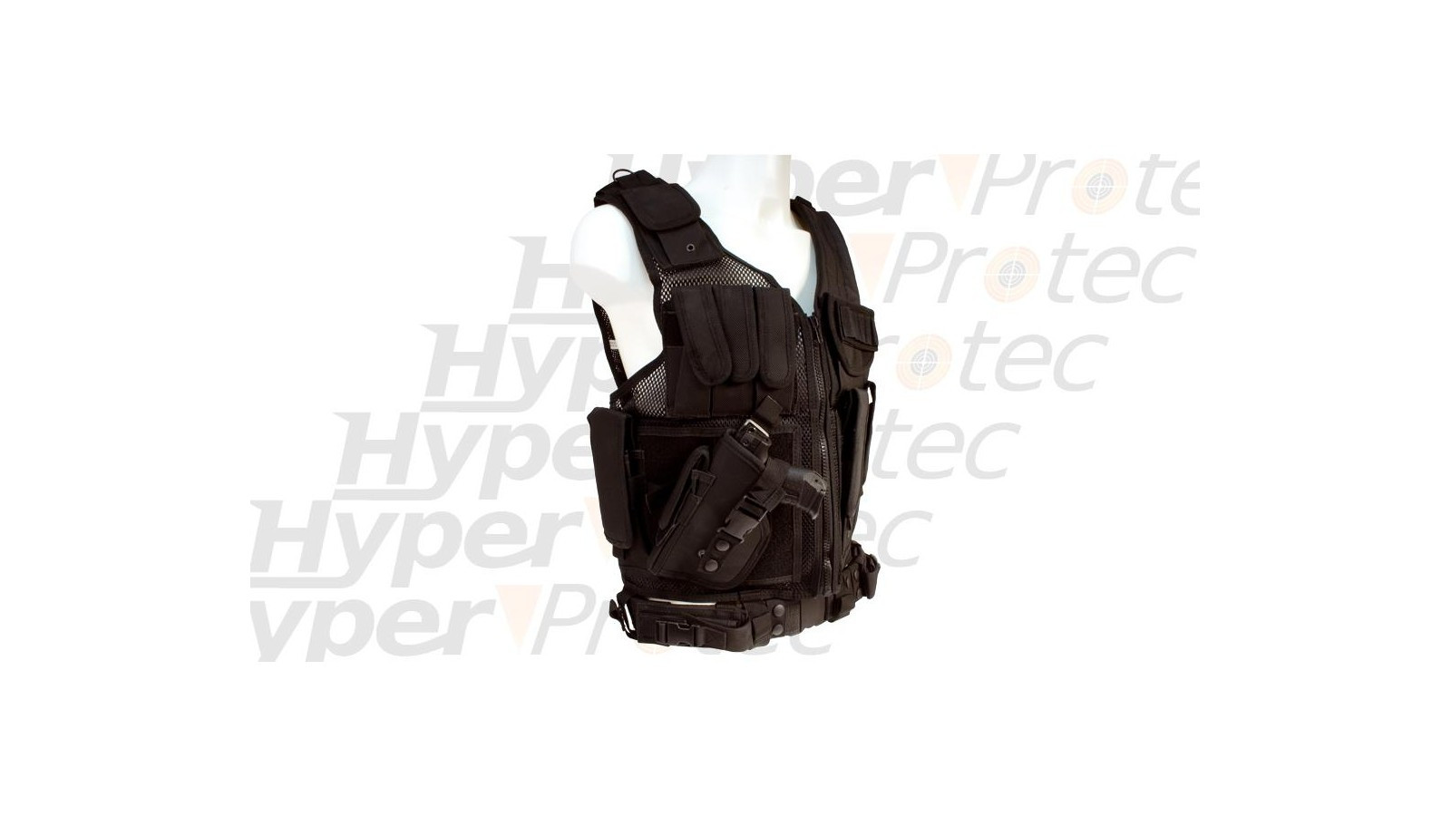 Gilet tactical noir pour gaucher multipoches holster airsoft