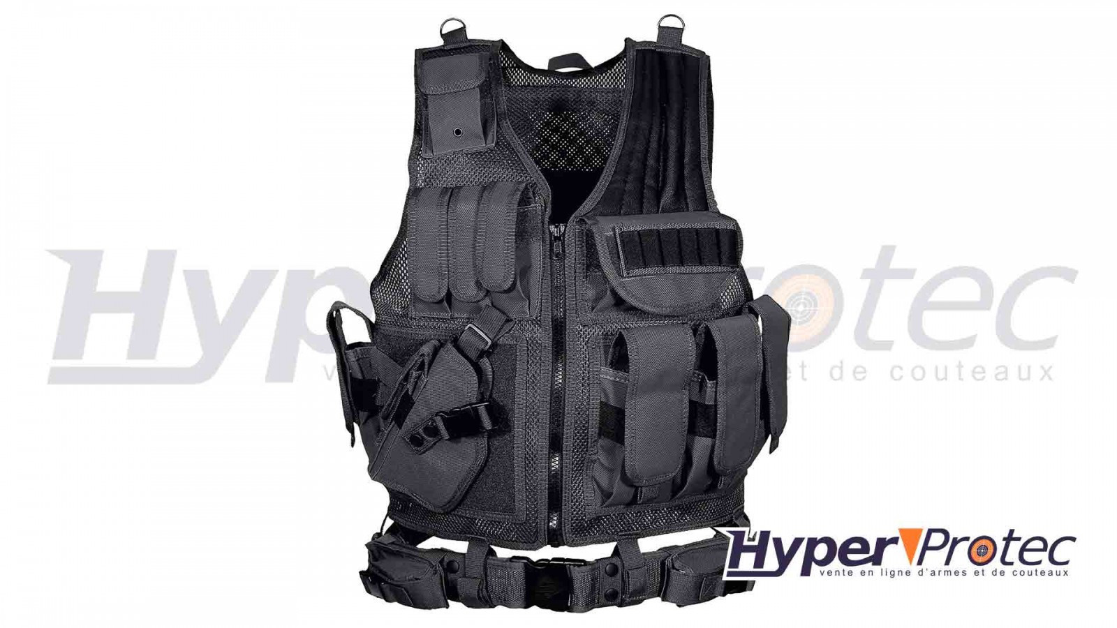 Gilet tactical noir pour gaucher multipoches holster airsoft