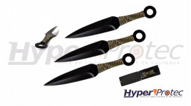 Set de 3 Kunais de lancer noirs avec manche en paracorde camo