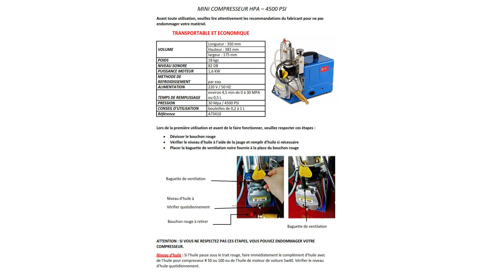 Compresseur 300 Bars Compact Hpa Electrique pour Carabine PCP 5L