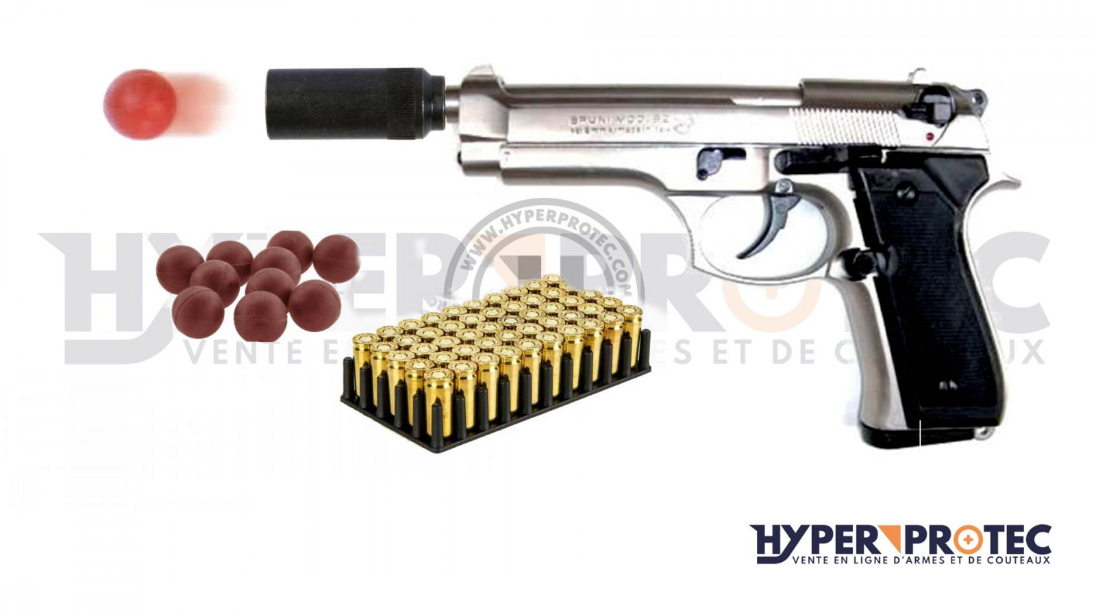 Pack Défense pistolet alarme Bruni 92 chromé