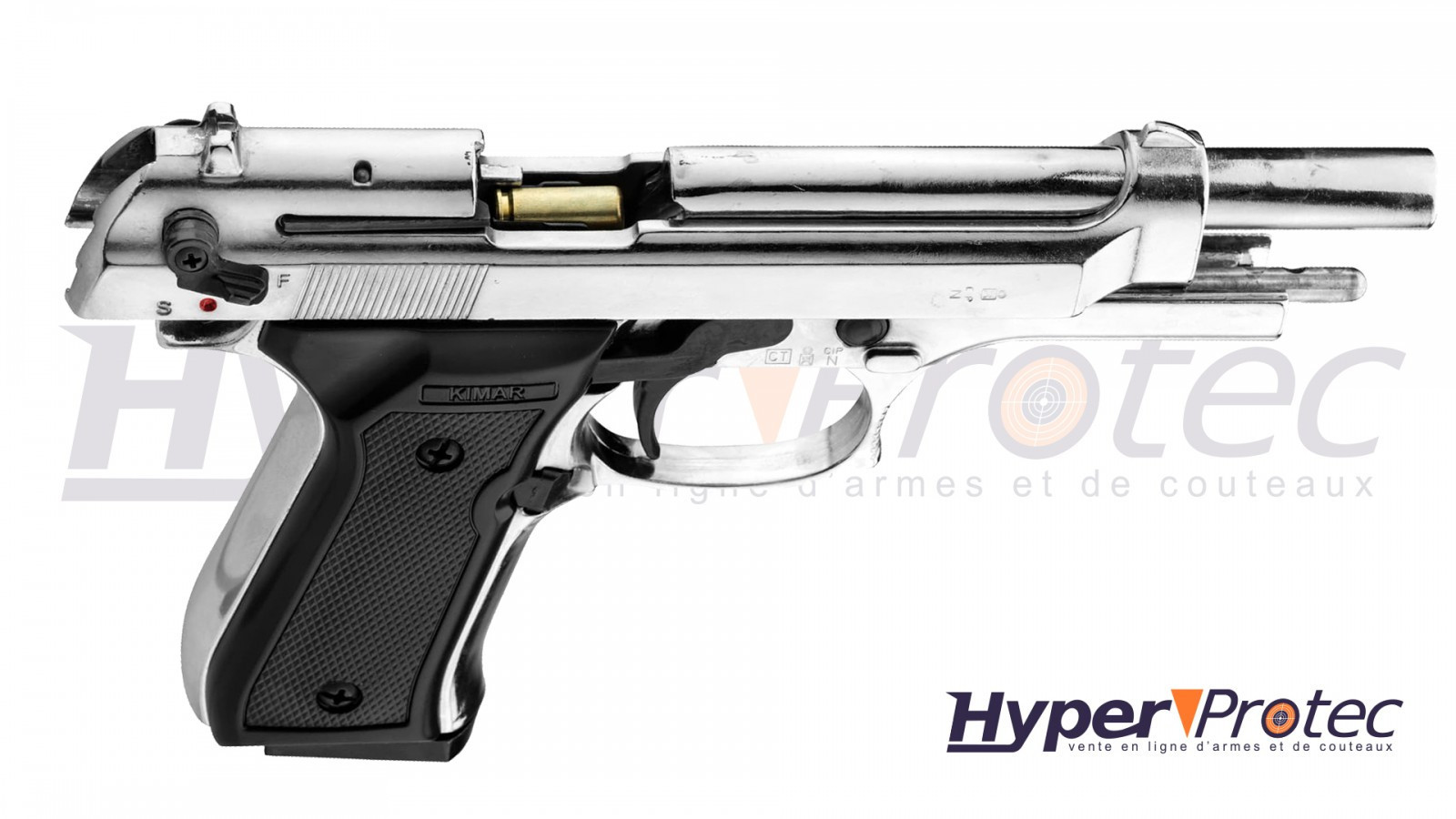 Pistolet alarme Kimar à blanc /gaz Type Beretta 92 Nickelé Calibre