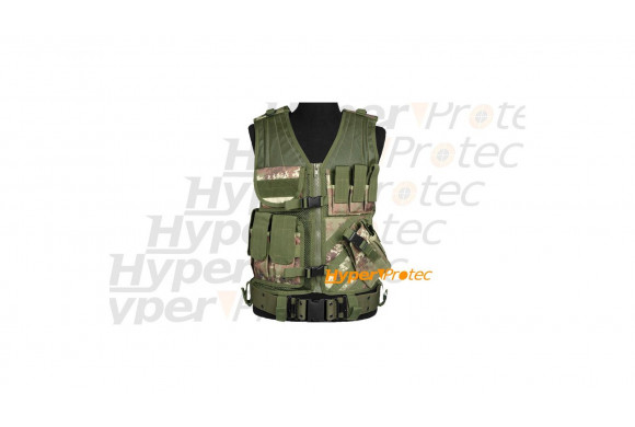 Gilet airsoft tactical camo pour droitier 6 poches + holster