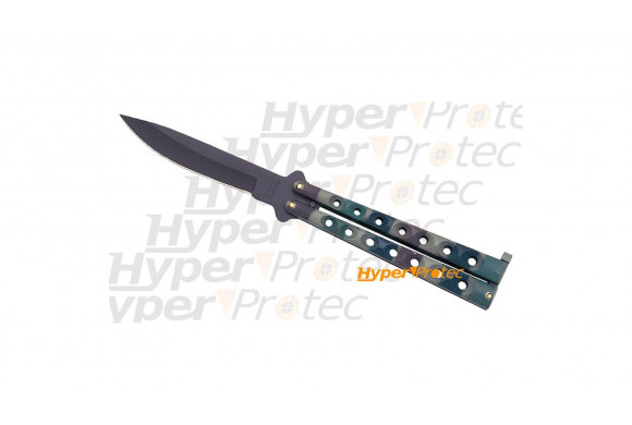 Couteau papillon balisong camouflage vert lame lisse noire