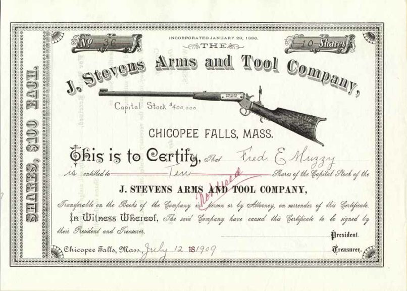 Certificat de la société J. Stevens Arms and Tool Compagny